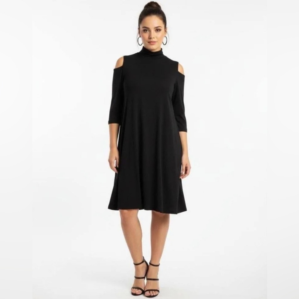 CLARA SUNWOO Elegant Mock Neck, Cold shoulder Black Dress